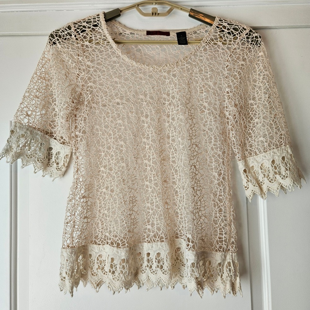 BKE Crochet Lace Top Shirt Women Small Cream Boho Short Sleeve Lace Beach Hippie